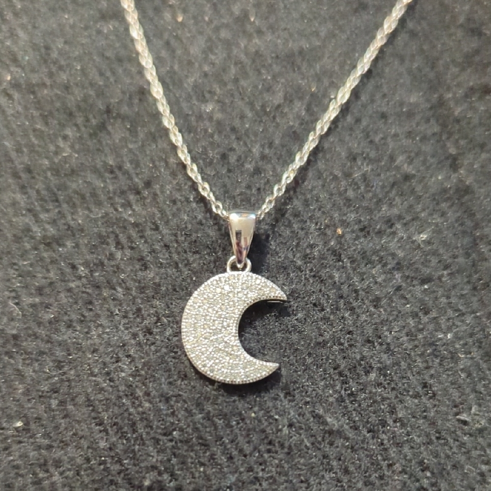 Sterling Silver Clear CZ Crescent Moon Dainty Pendant Statement Necklace
